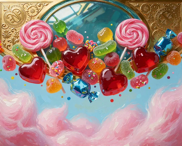 Skinnende hjerteslik, lollipops og vingummifrugter svæver over lyserøde sukkervatskyer - Sweet Bonanza-slot