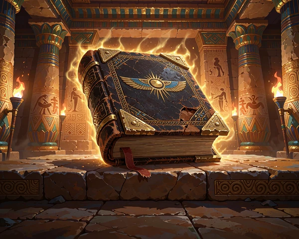 Gammel læderbog med guldbeslag hviler på et stenalter i et egyptisk gravkammer - Book of Dead-slot