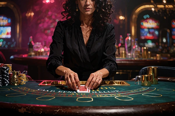 Dealer med mørkt krøllet hår deler kort ud ved et grønt blackjackbord i et dæmpet live studie