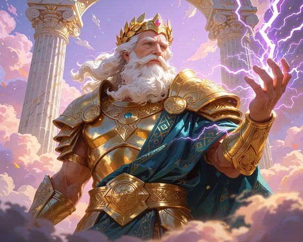 Gammel tordengud med hvidt skæg og guldkrone løfter en hånd med lyn foran marmorsøjler - Gates of Olympus-slot