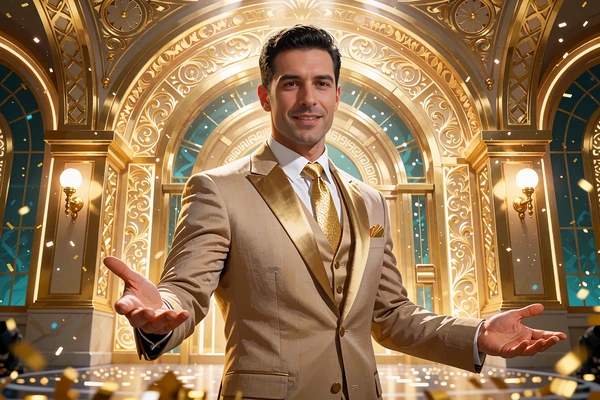 Smilende gameshow-vært i lyst jakkesæt foran gyldne buer i et festligt live casino-studie